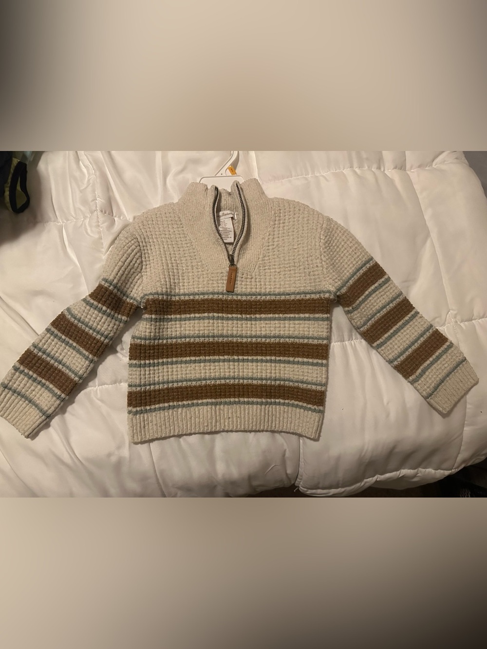 Eddie Bauer Cream Zip-Up Sweater with Brown and Light Blue Stripes